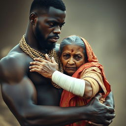 A powerful scene featuring a black man adorned with multiple gold chains, holding an elderly Indian woman who appears plump and frightened