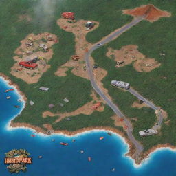 Revise the image to reveal the source of the error: a car accident displayed on the northern section of the digital Island map, sparking a frantic reaction from John Hammond and the Jurassic Park guard in the control room.