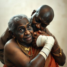 An older black man, wearing multiple gold chains, is gently holding an ugly older plump Indian lady who has a scared expression on her face
