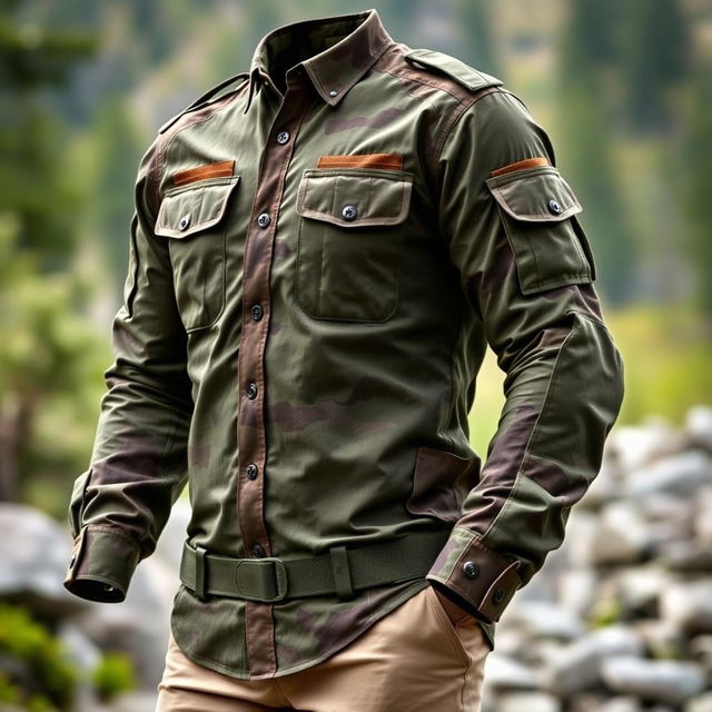 A highly detailed tactical shirt, showcasing a modern design with multiple pockets, rugged fabric, and a military-style aesthetic