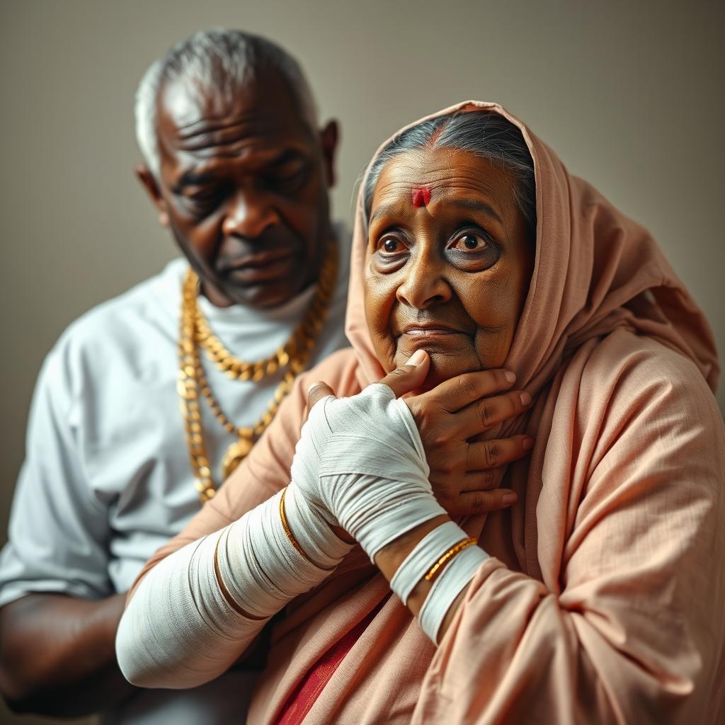 An older black man, wearing multiple gold chains, is gently holding an ugly older plump Indian lady who has a scared expression on her face