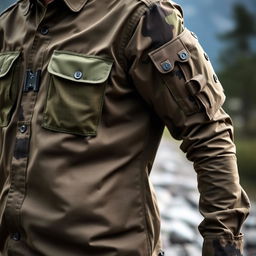 A highly detailed tactical shirt, showcasing a modern design with multiple pockets, rugged fabric, and a military-style aesthetic