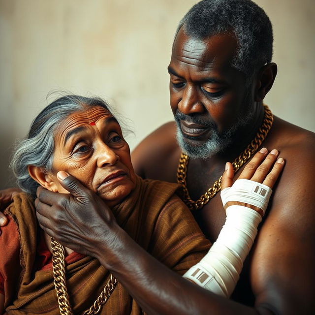 An older black man, wearing multiple gold chains, is gently holding an ugly older plump Indian lady who has a scared expression on her face