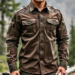 A highly detailed tactical shirt, showcasing a modern design with multiple pockets, rugged fabric, and a military-style aesthetic