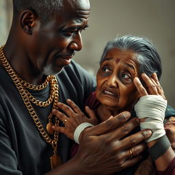 An older black man, wearing multiple gold chains, is gently holding an ugly older plump Indian lady who has a scared expression on her face