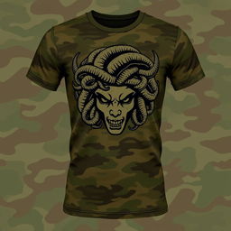 A stylish military-themed t-shirt featuring a bold graphic of Medusa