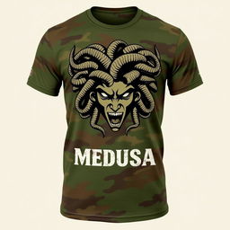 A stylish military-themed t-shirt featuring a bold graphic of Medusa