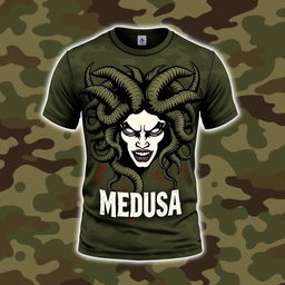 A stylish military-themed t-shirt featuring a bold graphic of Medusa