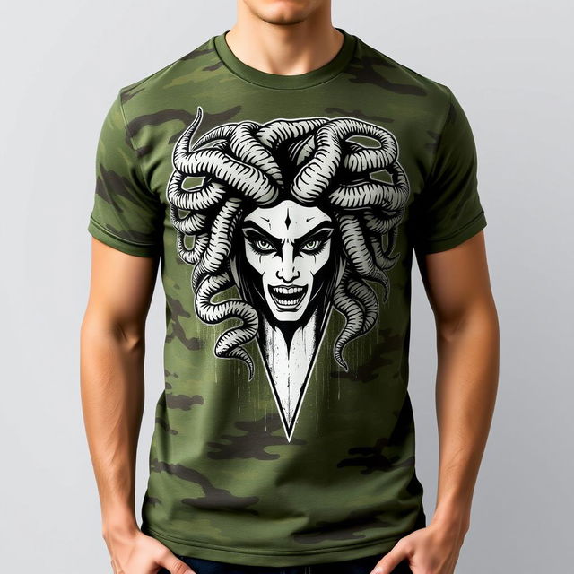 A stylish military-themed t-shirt featuring a bold graphic of Medusa