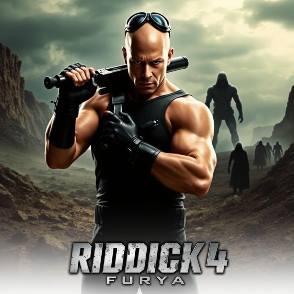 An action-packed teaser poster for 'Riddick 4: Furya (2025)', featuring Vin Diesel as Riddick, portrayed with a fierce and determined expression