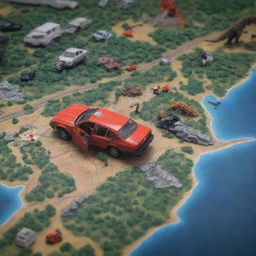 Revise the image to reveal the source of the error: a car accident displayed on the northern section of the digital Island map, sparking a frantic reaction from John Hammond and the Jurassic Park guard in the control room.