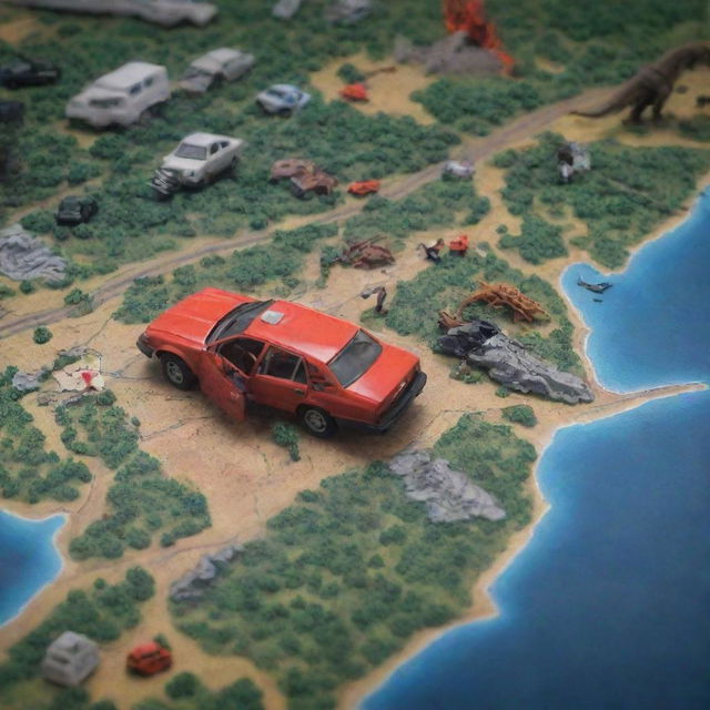 Revise the image to reveal the source of the error: a car accident displayed on the northern section of the digital Island map, sparking a frantic reaction from John Hammond and the Jurassic Park guard in the control room.