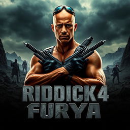 An action-packed teaser poster for 'Riddick 4: Furya (2025)', featuring Vin Diesel as Riddick, portrayed with a fierce and determined expression