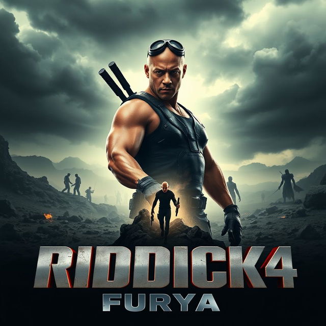 An action-packed teaser poster for 'Riddick 4: Furya (2025)', featuring Vin Diesel as Riddick, portrayed with a fierce and determined expression