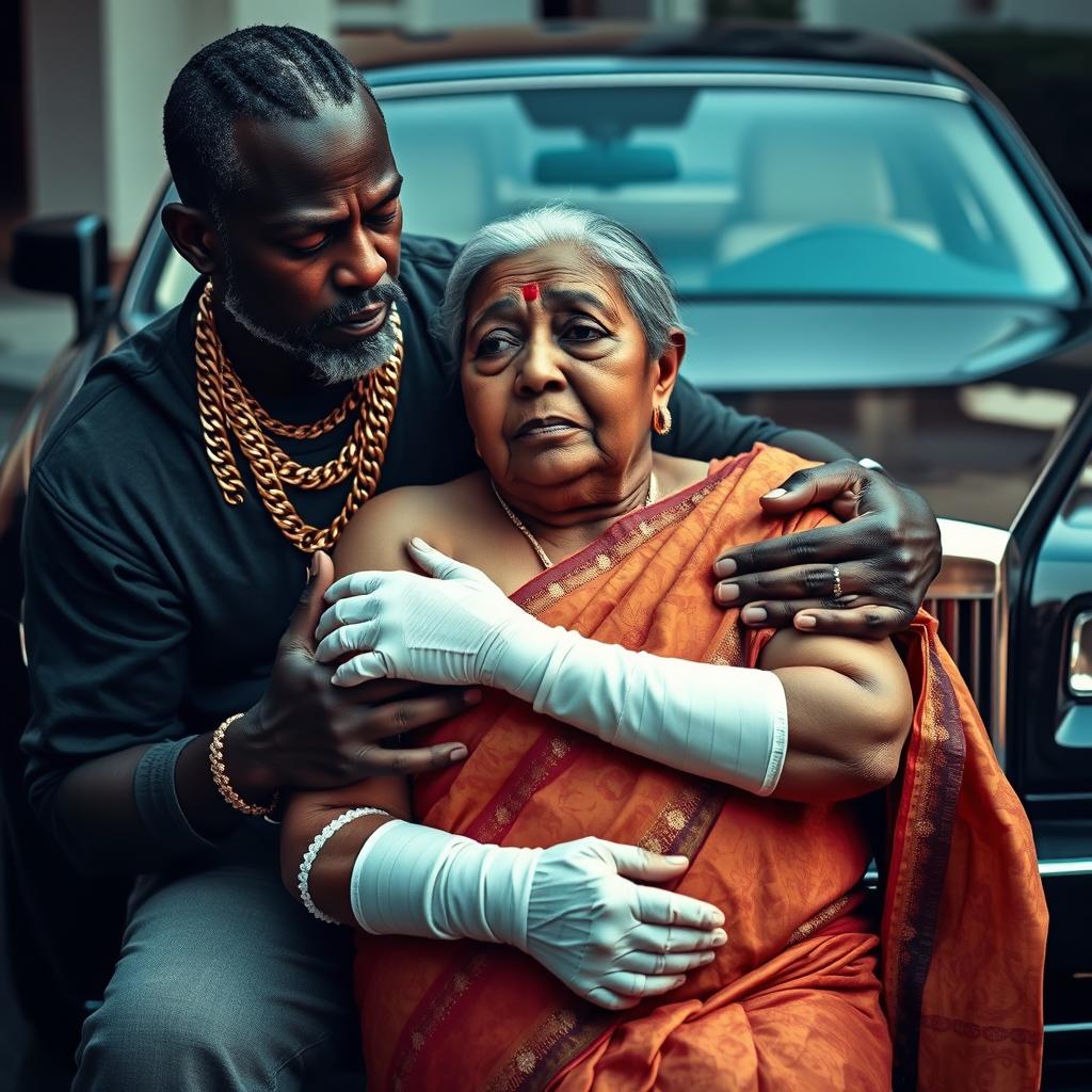 An older black man, adorned with multiple gold chains, gently holds an older plump Indian lady who appears scared, with bandages wrapped around her arms and fingers, conveying her vulnerability