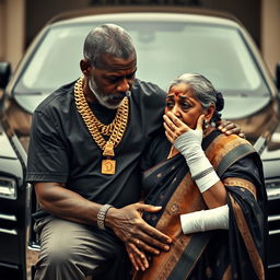 An older black man, adorned with multiple gold chains, gently holds an older plump Indian lady who appears scared, with bandages wrapped around her arms and fingers, conveying her vulnerability