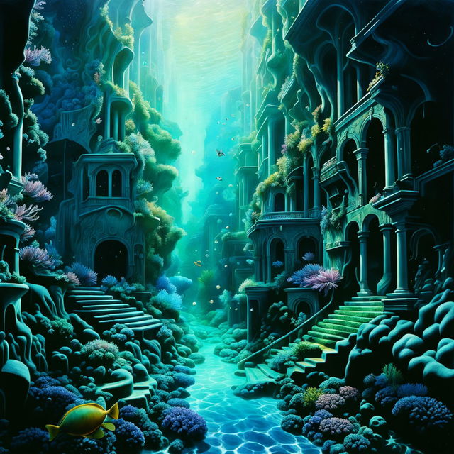 Hyper-realistic underwater photograph of Atlantis in Matthias Haker's style with iridescent buildings, vibrant colors, and exaggerated scenes.