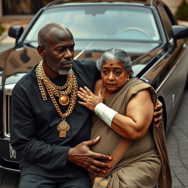 An older black man, adorned with multiple gold chains, gently holds an older plump Indian lady who appears scared, with bandages wrapped around her arms and fingers, conveying her vulnerability