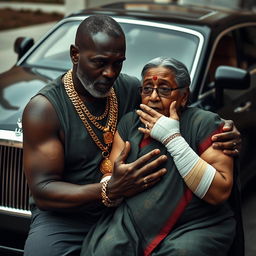 An older black man, adorned with multiple gold chains, gently holds an older plump Indian lady who appears scared, with bandages wrapped around her arms and fingers, conveying her vulnerability