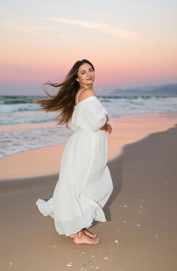 A serene and inspirational scene depicting a woman standing on a windswept beach, facing the ocean waves with grace and determination
