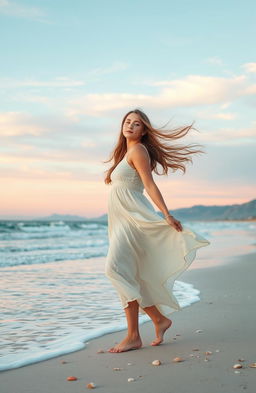 A serene and inspirational scene depicting a woman standing on a windswept beach, facing the ocean waves with grace and determination