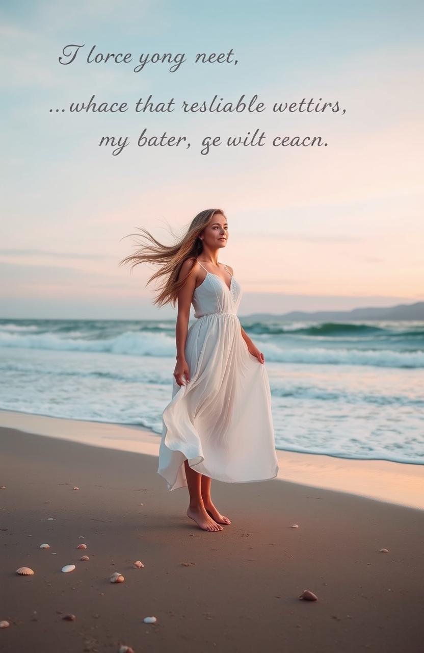 A serene and inspirational scene depicting a woman standing on a windswept beach, facing the ocean waves with grace and determination