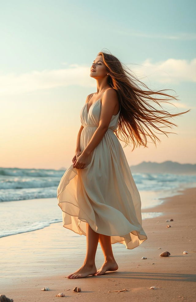 A serene and inspirational scene depicting a woman standing on a windswept beach, facing the ocean waves with grace and determination