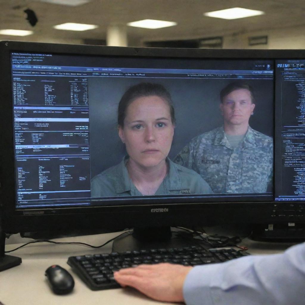 Adjust the image to include a new display on the computer screen showing that the victim of the car accident is an InGen soldier, causing further alarm in the control room.