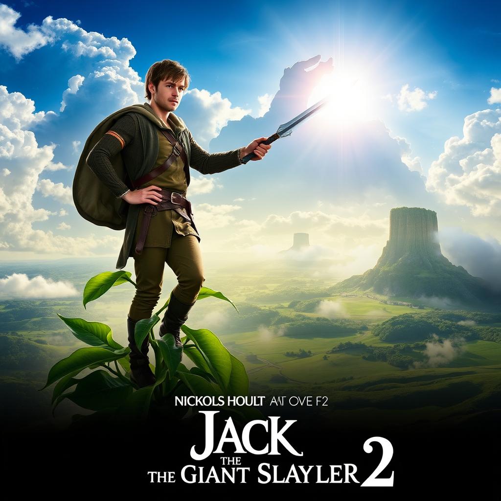 An adventurous teaser poster for 'Jack the Giant Slayer 2 (2025)', featuring Nicholas Hoult as Jack, depicted with a heroic and determined expression as he stands atop a giant beanstalk that stretches into the clouds