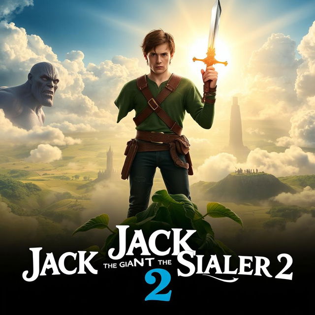 An adventurous teaser poster for 'Jack the Giant Slayer 2 (2025)', featuring Nicholas Hoult as Jack, depicted with a heroic and determined expression as he stands atop a giant beanstalk that stretches into the clouds