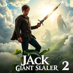An adventurous teaser poster for 'Jack the Giant Slayer 2 (2025)', featuring Nicholas Hoult as Jack, depicted with a heroic and determined expression as he stands atop a giant beanstalk that stretches into the clouds