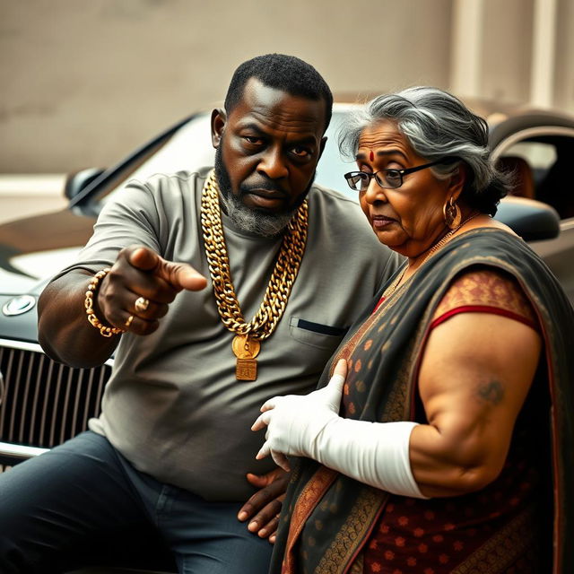 An older black man, adorned with multiple gold chains, is pointing at an older plump Indian lady who appears scared, with bandages wrapped around her arms and fingers, suggesting a moment of intensity or confrontation