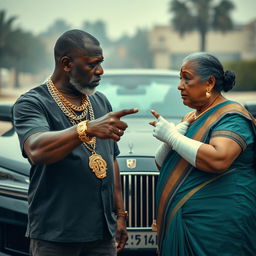 An older black man, adorned with multiple gold chains, is pointing at an older plump Indian lady who appears scared, with bandages wrapped around her arms and fingers, suggesting a moment of intensity or confrontation