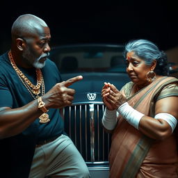 An older black man, adorned with multiple gold chains, is pointing at an older plump Indian lady who appears scared, with bandages wrapped around her arms and fingers, suggesting a moment of intensity or confrontation