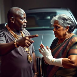An older black man, adorned with multiple gold chains, is pointing at an older plump Indian lady who appears scared, with bandages wrapped around her arms and fingers, suggesting a moment of intensity or confrontation