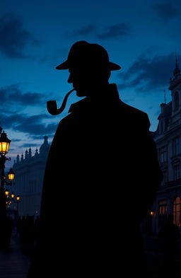 A dramatic silhouette of Sherlock Holmes, characterized by his iconic deerstalker hat and pipe, set against a richly detailed backdrop of Victorian London
