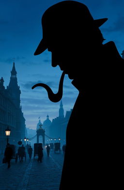 A dramatic silhouette of Sherlock Holmes, characterized by his iconic deerstalker hat and pipe, set against a richly detailed backdrop of Victorian London
