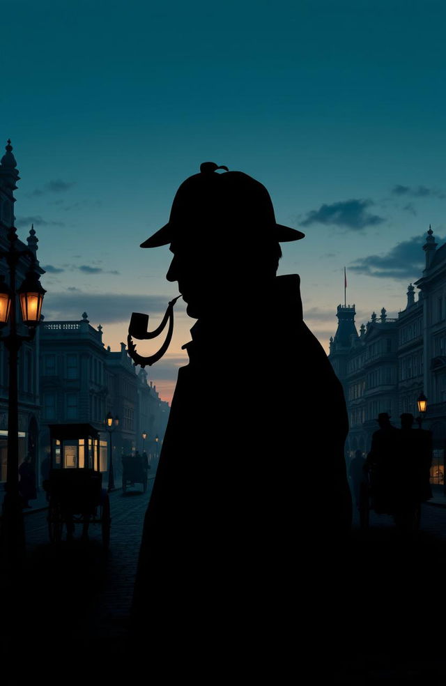 A dramatic silhouette of Sherlock Holmes, characterized by his iconic deerstalker hat and pipe, set against a richly detailed backdrop of Victorian London