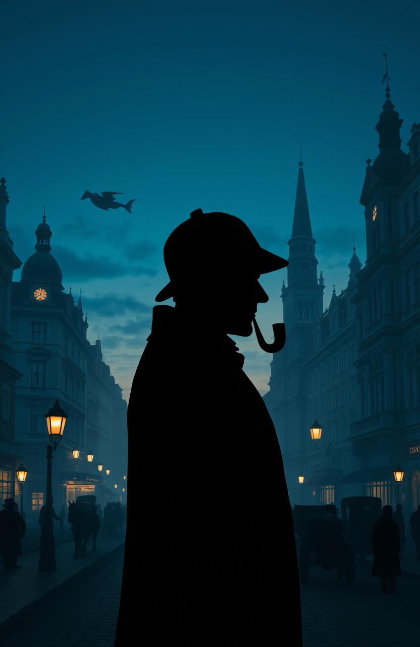A dramatic silhouette of Sherlock Holmes, characterized by his iconic deerstalker hat and pipe, set against a richly detailed backdrop of Victorian London