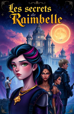 A fantastical kingdom with a majestic palace in the background, featuring a captivating scene titled 'Les secrets de Raimbelle' at the top in an elegant and mysterious font, possibly in gold or white