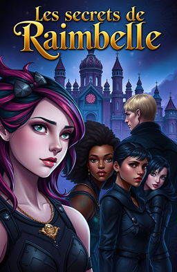 A fantastical kingdom with a majestic palace in the background, featuring a captivating scene titled 'Les secrets de Raimbelle' at the top in an elegant and mysterious font, possibly in gold or white