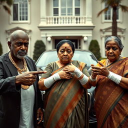 An older black man and an African woman, both adorned with gold chains, are pointing at an older plump Indian lady who appears scared, with bandages wrapped around her arms and fingers