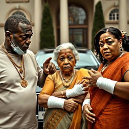 An older black man and an African woman, both adorned with gold chains, are pointing at an older plump Indian lady who appears scared, with bandages wrapped around her arms and fingers