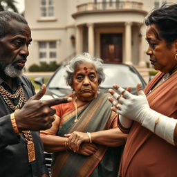 An older black man and an African woman, both adorned with gold chains, are pointing at an older plump Indian lady who appears scared, with bandages wrapped around her arms and fingers