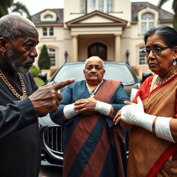An older black man and an African woman, both adorned with gold chains, are pointing at an older plump Indian lady who appears scared, with bandages wrapped around her arms and fingers