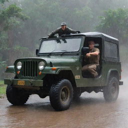 Modify the image to illustrate the Jurassic Park guard leaving the Control Room quickly to get to the injured InGen soldier, depicted hopping into a Jurassic Park Jeep under the rainstorm.