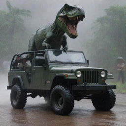 Modify the image to illustrate the Jurassic Park guard leaving the Control Room quickly to get to the injured InGen soldier, depicted hopping into a Jurassic Park Jeep under the rainstorm.