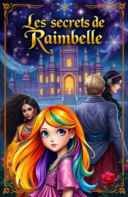 An enchanting fantasy scene titled 'Les secrets de Raimbelle' at the top in an elegant and mysterious font, possibly in gold or white