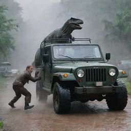 Modify the image to illustrate the Jurassic Park guard leaving the Control Room quickly to get to the injured InGen soldier, depicted hopping into a Jurassic Park Jeep under the rainstorm.