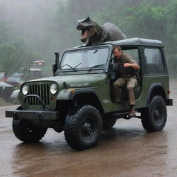 Modify the image to illustrate the Jurassic Park guard leaving the Control Room quickly to get to the injured InGen soldier, depicted hopping into a Jurassic Park Jeep under the rainstorm.